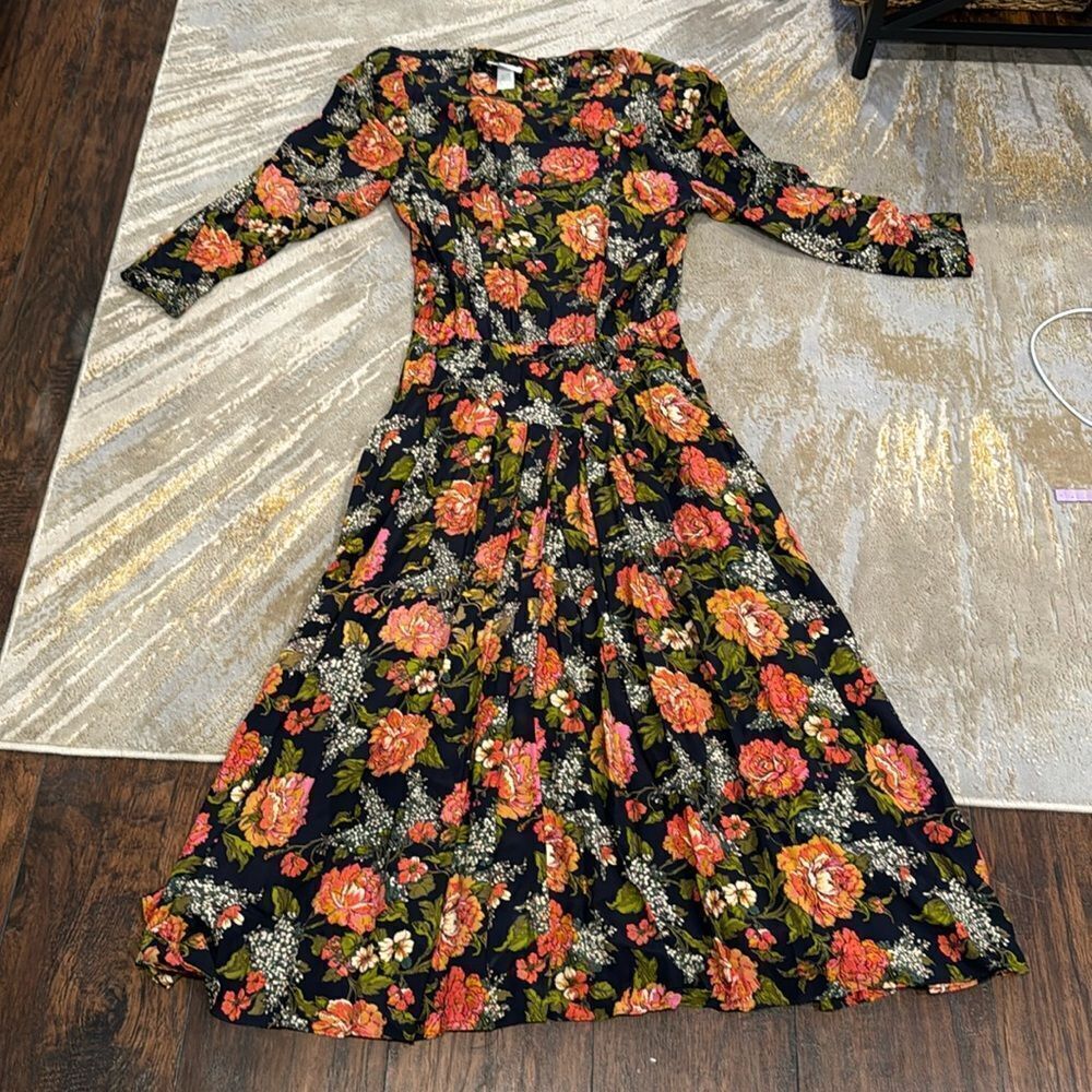 1980's Caren Charles Dark Floral pleased maxi dress with shoulder pads size 12